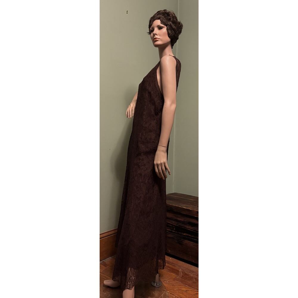 Vintage 1930s Brown Floral Lace Sleeveless Maxi GOWN w/Shawl and Full Silk Slip - Picture 7 of 8